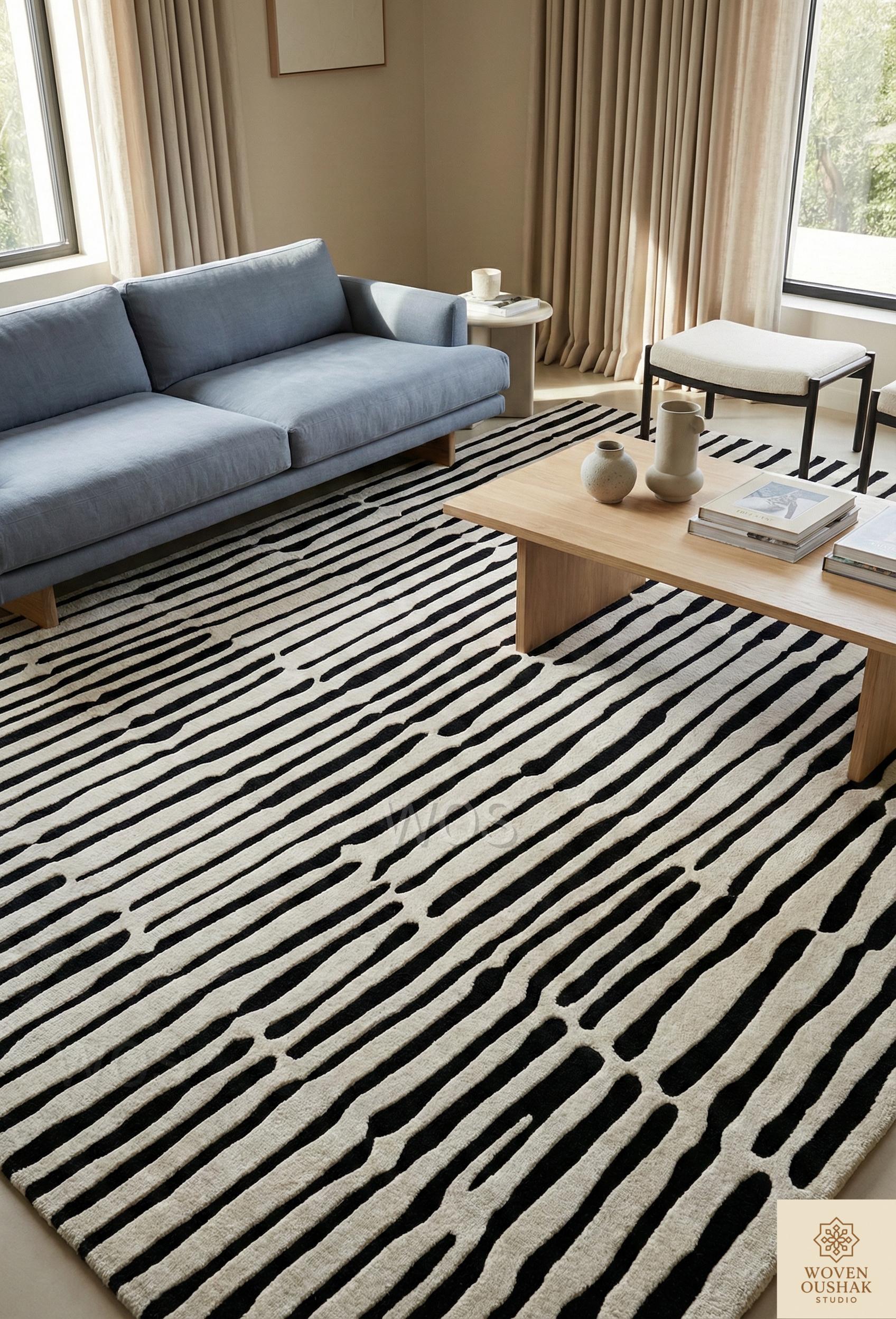 Hand-tufted Wool Area Rug | Black & White Wavy Design - Etsy