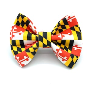 May include: A yellow, black, red, and white bow tie with the Maryland state flag pattern.