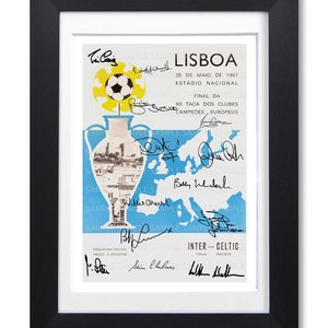 May include: A vintage programme from the 1967 European Cup Final in Lisbon, Portugal. The programme features a map of Europe with the signatures of the players from both teams, Inter Milan and Celtic. The text on the programme reads "LISBOA 25 DE MAIO DE 1967 ESTÁDIO NACIONAL FINAL DA XII TAÇA DOS CLUBES CAMPEÕES, CAMPEÕES EUROPEUS INTER - CELTIC ITALIA ESCOCIA PROGRAMA OFICIAL PREÇO: 5 ESCUDOS"