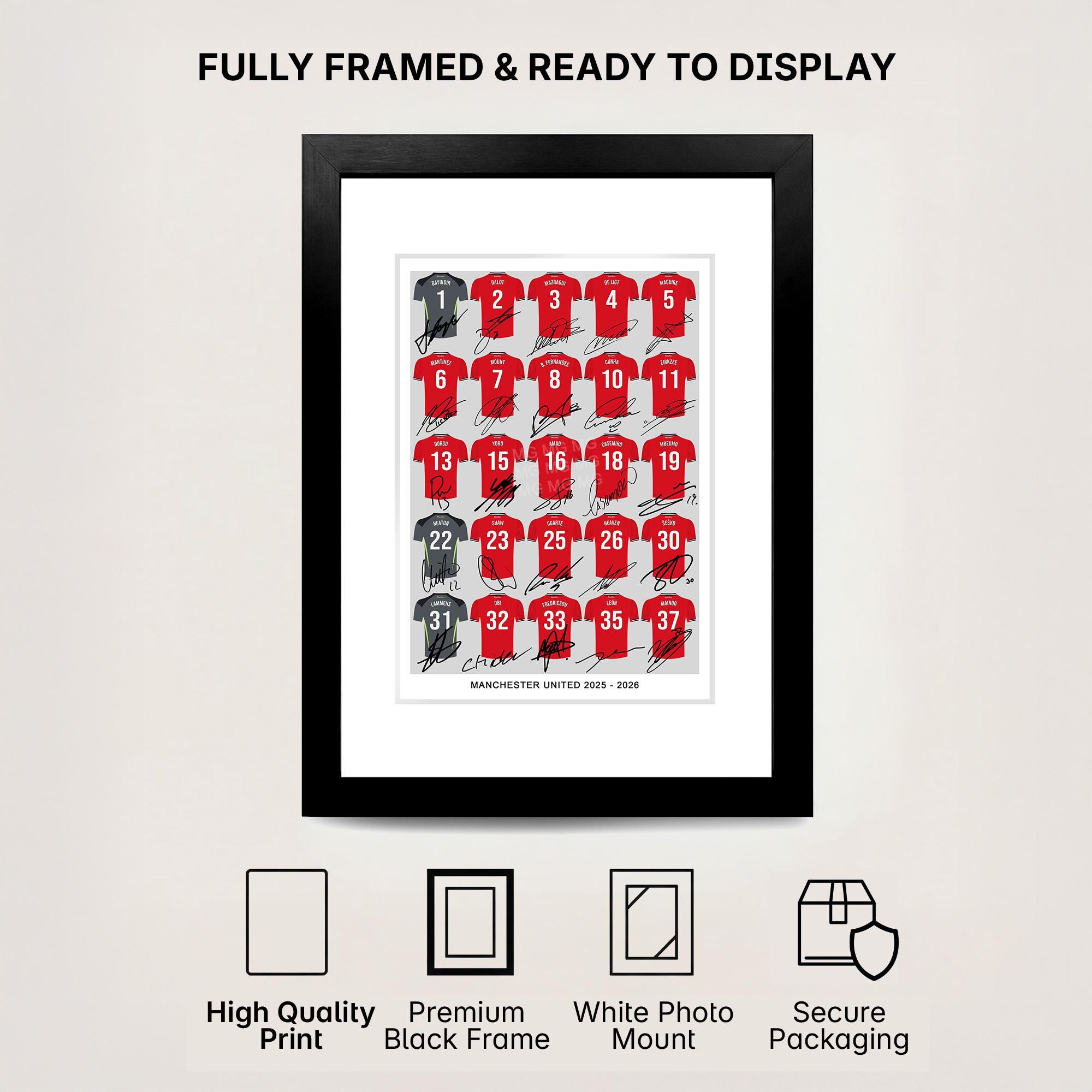 MANCHESTER UNITED Team Squad 2025-2026 Signed Poster Print Framed