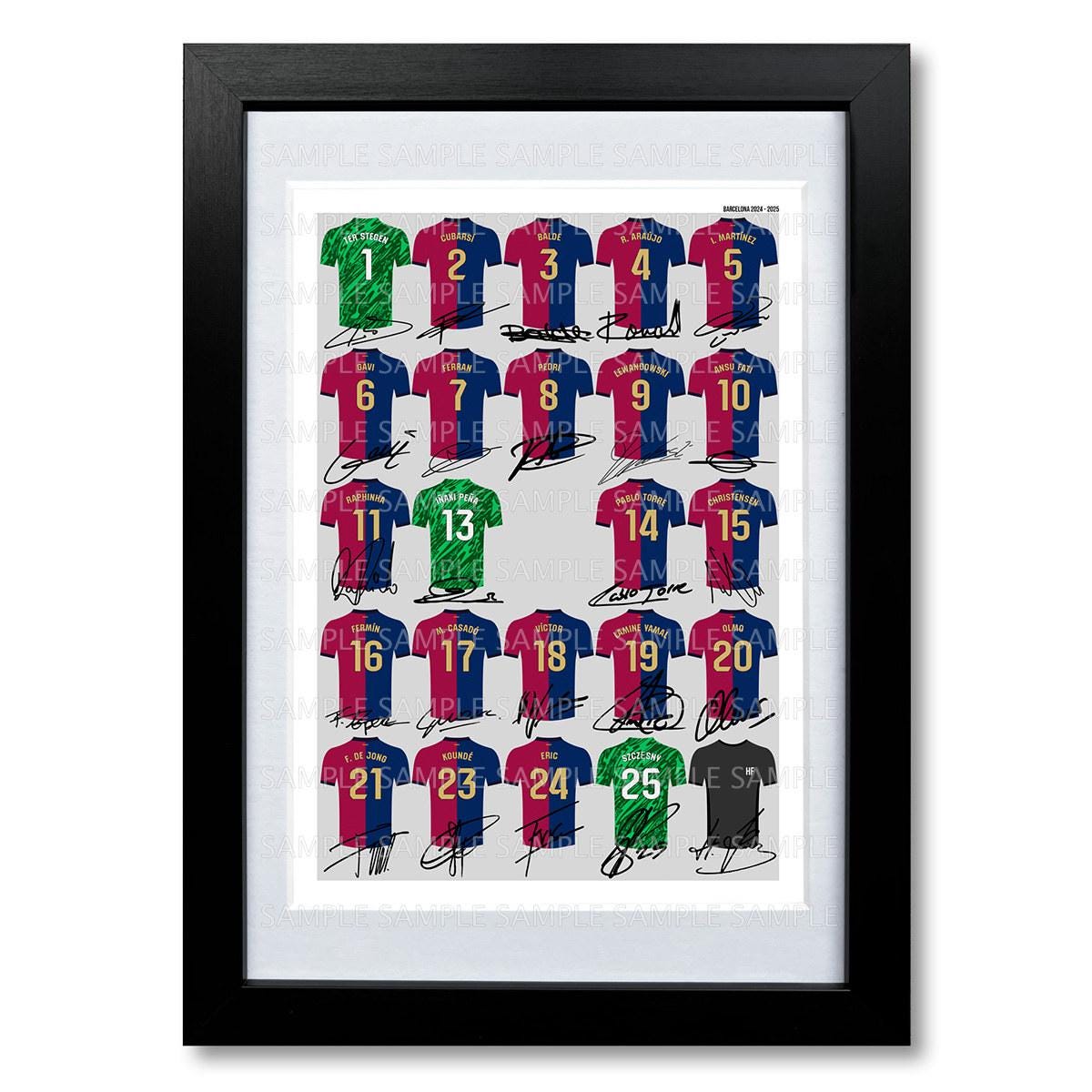 BARCELONA team squad 2024-2025 Signed poster print framed picture photo autograph gift 24/25 Lewandowski Lamine Yamal Raphina Barca