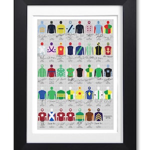 May include: A colourful chart of jockey silks with signatures of famous jockeys. The silks are arranged in rows and columns, with each silk representing a different jockey. The chart includes the text "Grand National 1983-2023".
