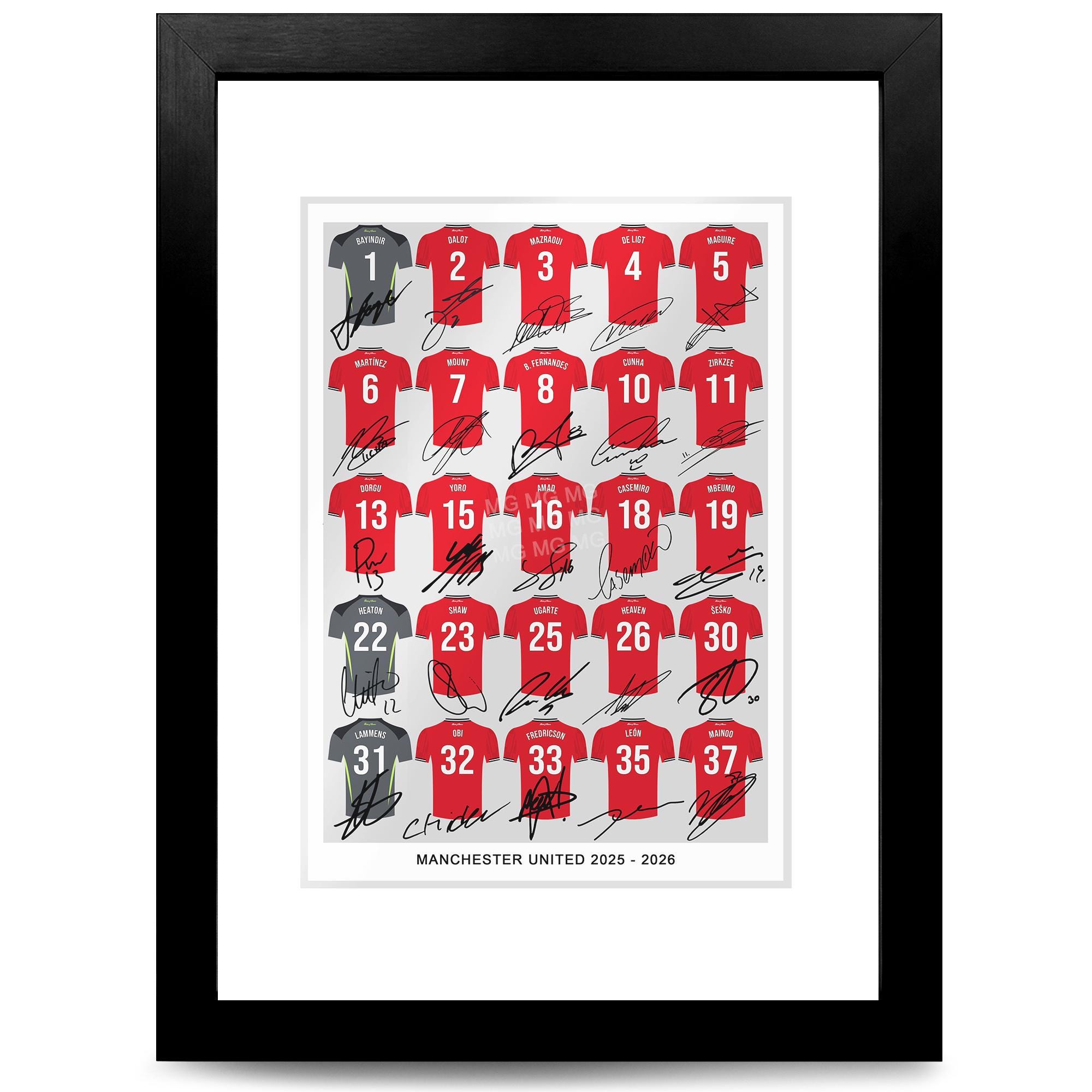 MANCHESTER UNITED Team Squad 2025-2026 Signed Poster Print Framed