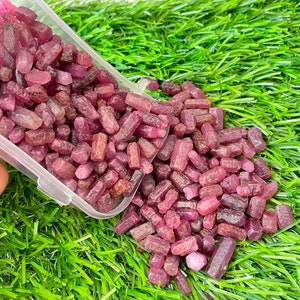 Pode incluir: Um close-up de um recipiente cheio de pequenos cristais de rubi rosa. Os cristais estão espalhados sobre uma superfície verde e gramada.