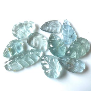 10-15 MM-Natural Aquamarine Carved Leaf, 10 Pcs Lot~Blue Aquamarine Carving Gemstone, Aquamarine Hand Carving Leaf, For Jewelry Making