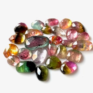 May include: A collection of 20 faceted, multi-colored gemstones. The stones are various shades of green, pink, yellow, and brown. The stones are arranged in a loose circle on a white background.