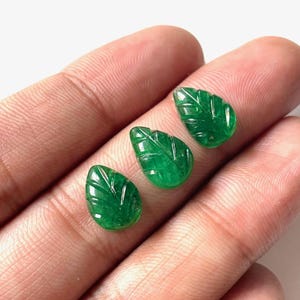 3 Pcs, AAA+Natural Emerald Carved Gemstone, Handmade Leaf Carved, 9-12 MM, Zambian Emerald Leaf Carving Stone, For Jewelry Making