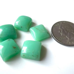 May include: Five square-cut, polished green gemstones with rounded corners are displayed next to a US quarter. The gemstones have a slightly translucent appearance and a smooth surface. The quarter is silver and shows the profile of a person.