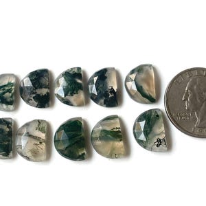 Puede incluir: Se muestran diez gemas de ágata musgosa facetadas en forma de media luna con inclusiones verdes y blancas. Una moneda de veinticinco centavos estadounidense está junto a las gemas para comparar el tamaño. Las gemas están sobre un fondo blanco.