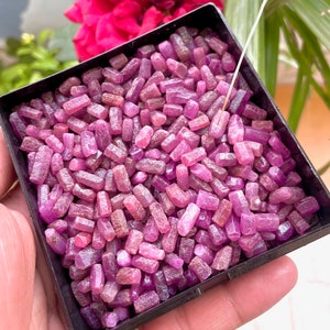 Op de afbeelding: Een close-up van een klein zwart doosje gevuld met veel kleine, roze, ruwe en puntige robijnkristallen.