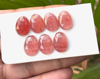 7 Pcs Natural Strawberry Quartz Oval Shape Rose Cut Gemstone, 14x10 MM Flat Back Pink Quartz Gemstones, Loose Calibrated Size,