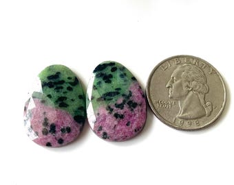 Natural Ruby Zoisite Rose Cut Gemstone Pair, 25x18x4 MM-Flat Back Ruby Zoisite Faceted Rose Cut Gemstone Earrings Set Gemstone, Gift For Her