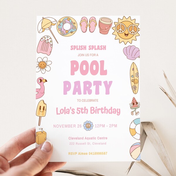 Pool party Birthday Invitation Hippy boho Girl Invite pastel water party Editable Digital Template INSTANT DOWNLOAD