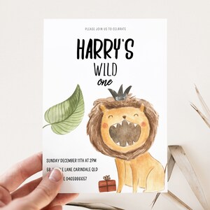 Wild one Birthday Invitation, Lion first birthday invite, printable 1st birthday, Editable Digital Template INSTANT DOWNLOAD