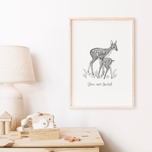 You are loved print, baby deer, nursery art, bambi, mum and daughter print, playroom art, black and white print, boho wall art, new baby