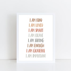 Affirmation positive imprimer enfants, affiche de motivation, salle de jeux pour enfants, art mural neutre en matière de genre, affirmations JE SUIS