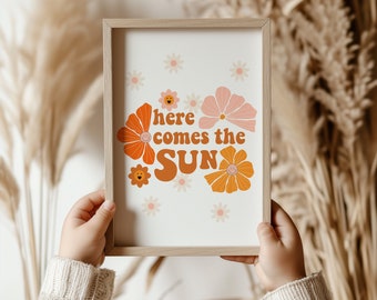 Here comes the sun print, quote vintage poster, lyric nursery art, boho, girl artwork, playroom art, the beatles, digital download