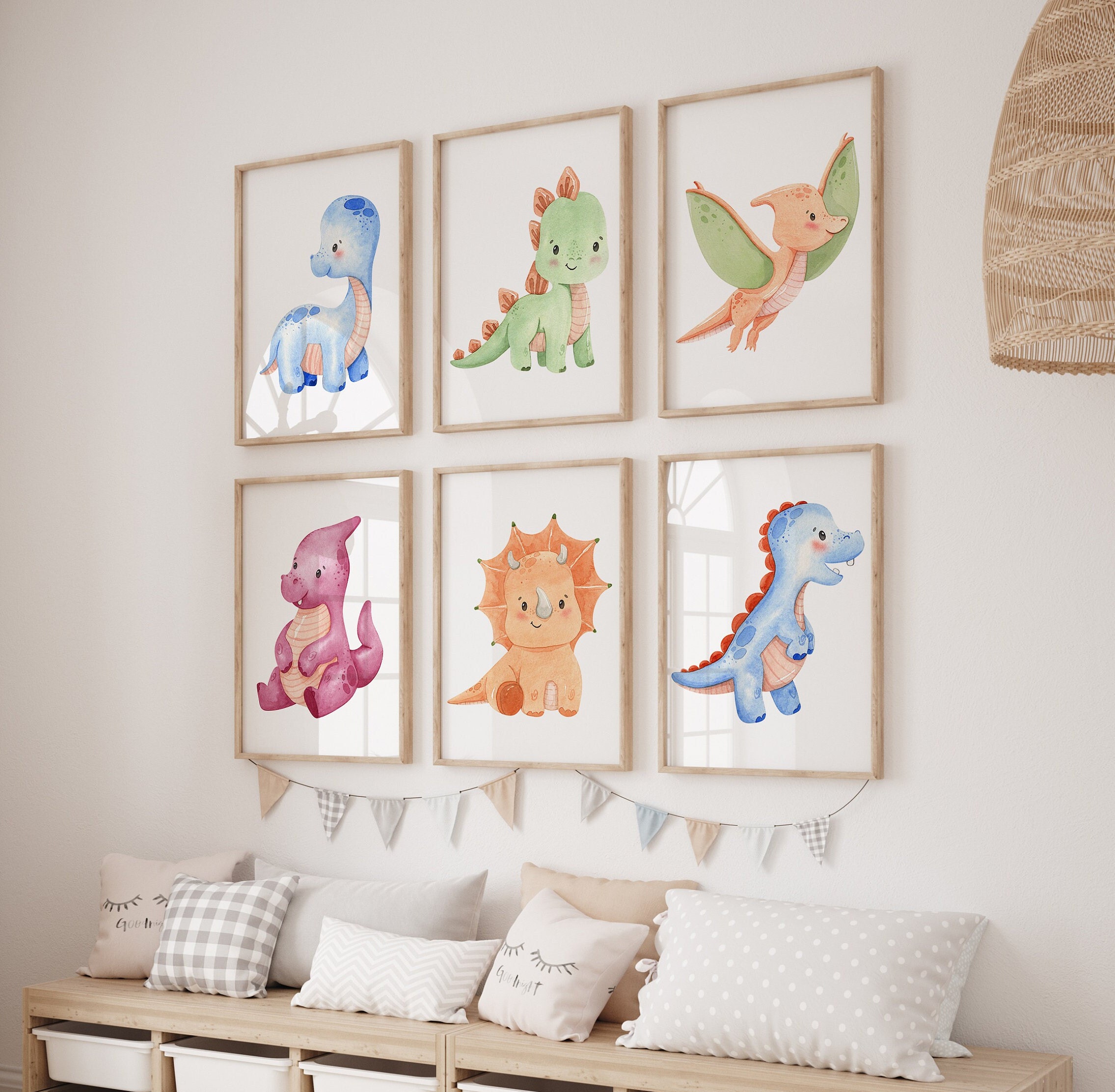 Watercolour Dinosaurs, Nursery Prints, Set of 6, Dino Baby Animal ...