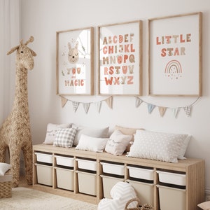 Boho bunny set of 3, alphabet poster, nursery print, you are magic, girl print, little star, digital download