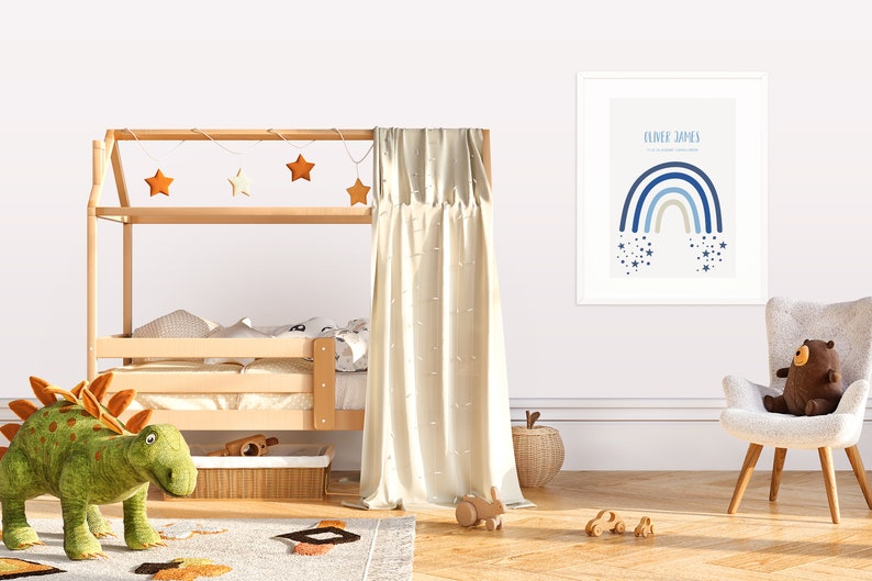 3 Modern Rainbow Star Personalised Prints Blue Boy Nursery Room Wall Art Decor 