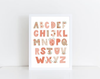 Alphabet Print, ABC Poster, Blumen, Blume, Spielzimmer Wandkunst, Mädchen Wandkunst, Kinderzimmer Kunst, Boho Wandkunst, Digital, lehrreich, peach