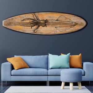 Squid Surfboard Wall Art: Vintage Beach Bar Decor