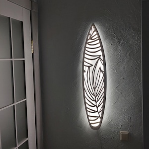 Surfboard inspired wall led light with botanical pattern