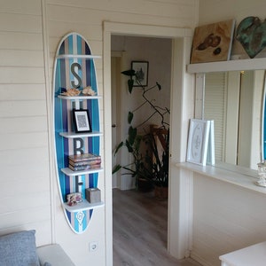 Surfboard Wall Shelf: Wood Surfing Art Decor, 5-Tier Bookshelf (54 inch)