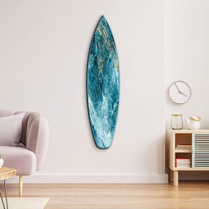 Decorative blue marble effect surfboard for wall: surfing inspired unique wall hanging in blue, white and gold for nautical coastal decor