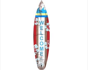 Decorative wall surfboard sign: surfing inspired vintage wall hanging in blue, brown, white, red as unique beach wall art for bedroom decor