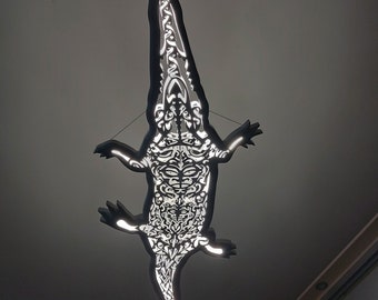 Unique Handcrafted Wooden Crocodile Shaped Ceiling Chandelier LED Wall Light for Maori Surf Style Beach Coastal or Seaside Home Room Decor