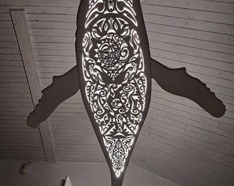 Handcrafted unique Whale ceiling chandelier: led wall lamp for beach coastal or nautical home room decor in Maori surf style