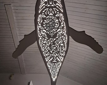 Whale ceiling chandelier in Maori surf style, whale ceiling light