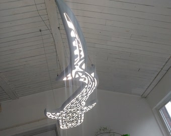 Handcrafted unique Whale Shark ceiling chandelier: led wall lamp for beach coastal or nautical home room decor in Maori surf style