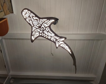 Shark-shaped ceiling chandelier in Maori surf style