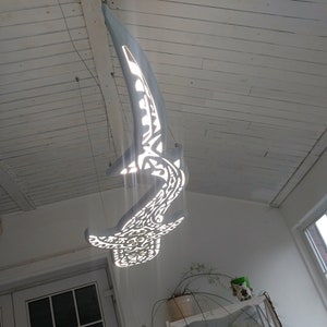 Handcrafted unique Whale Shark ceiling chandelier: led wall lamp for beach coastal or nautical home room decor in Maori surf style