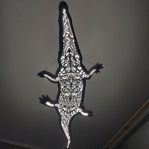 Unique Handcrafted Wooden Crocodile Shaped Ceiling Chandelier LED Wall Light for Maori Surf Style Beach Coastal or Seaside Home Room Decor
