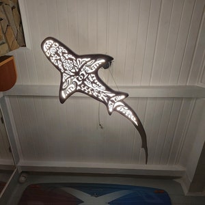 Handcrafted unique wooden shark-shaped ceiling chandelier: led wall lamp for beach coastal or nautical home room decor in Maori surf style