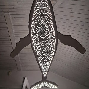 Handcrafted unique Whale ceiling chandelier: led wall lamp for beach coastal or nautical home room decor in Maori surf style