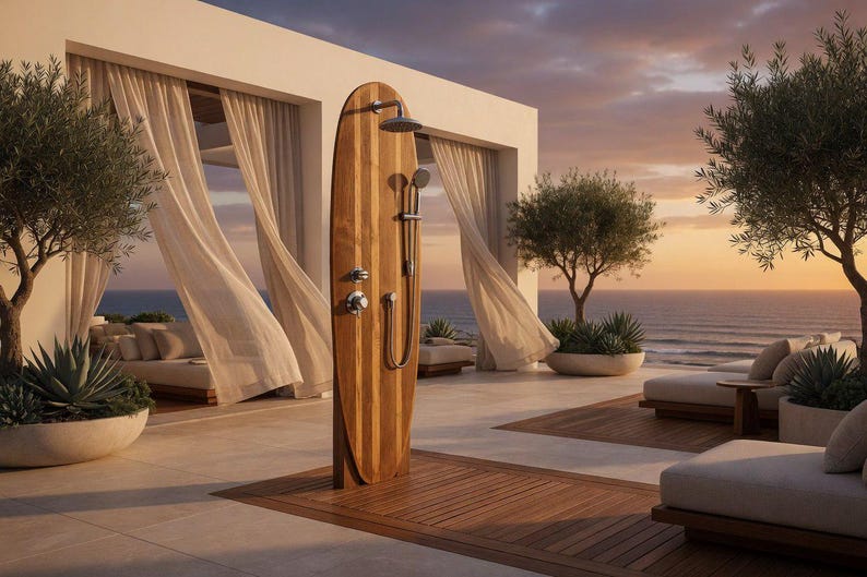 May include: An outdoor shower unit featuring a vertical wooden panel shaped like a surfboard. The unit includes a circular overhead shower head, a handheld shower wand on a flexible hose, and two metallic control knobs mounted on the wood surface.