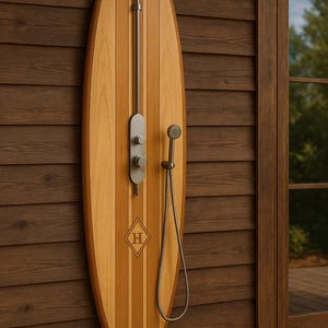 May include: An outdoor shower panel shaped like a surfboard made of light and medium-toned wood. It features a brushed metal rainfall showerhead, a handheld shower wand with a flexible hose, and two circular control knobs. A letter H is inside a diamond.