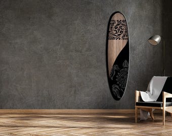 Tribal Surfboard Wall Art – Black and Wood Handmade Coastal Accent , Handmade Design