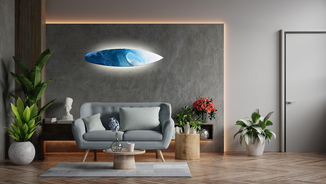 Surfboard-shape Wall Led Light With Ocean Wave Realistic Print - Etsy