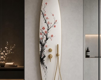 Zen Surfboard Shower Panel – Sakura Outdoor Shower, Japandi Spa Wall Decor