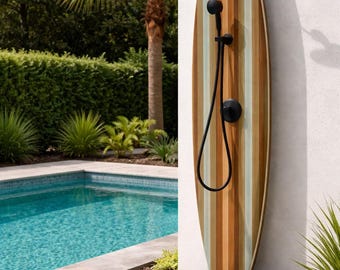 Surfboard Shower Panel, Wood Coastal Bathroom Decor, Turquoise Stripe Beach House Art