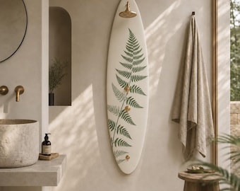 Surfboard Shower Panel with Fern Design – Botanical Outdoor Shower, Coastal Spa Bathroom Decor