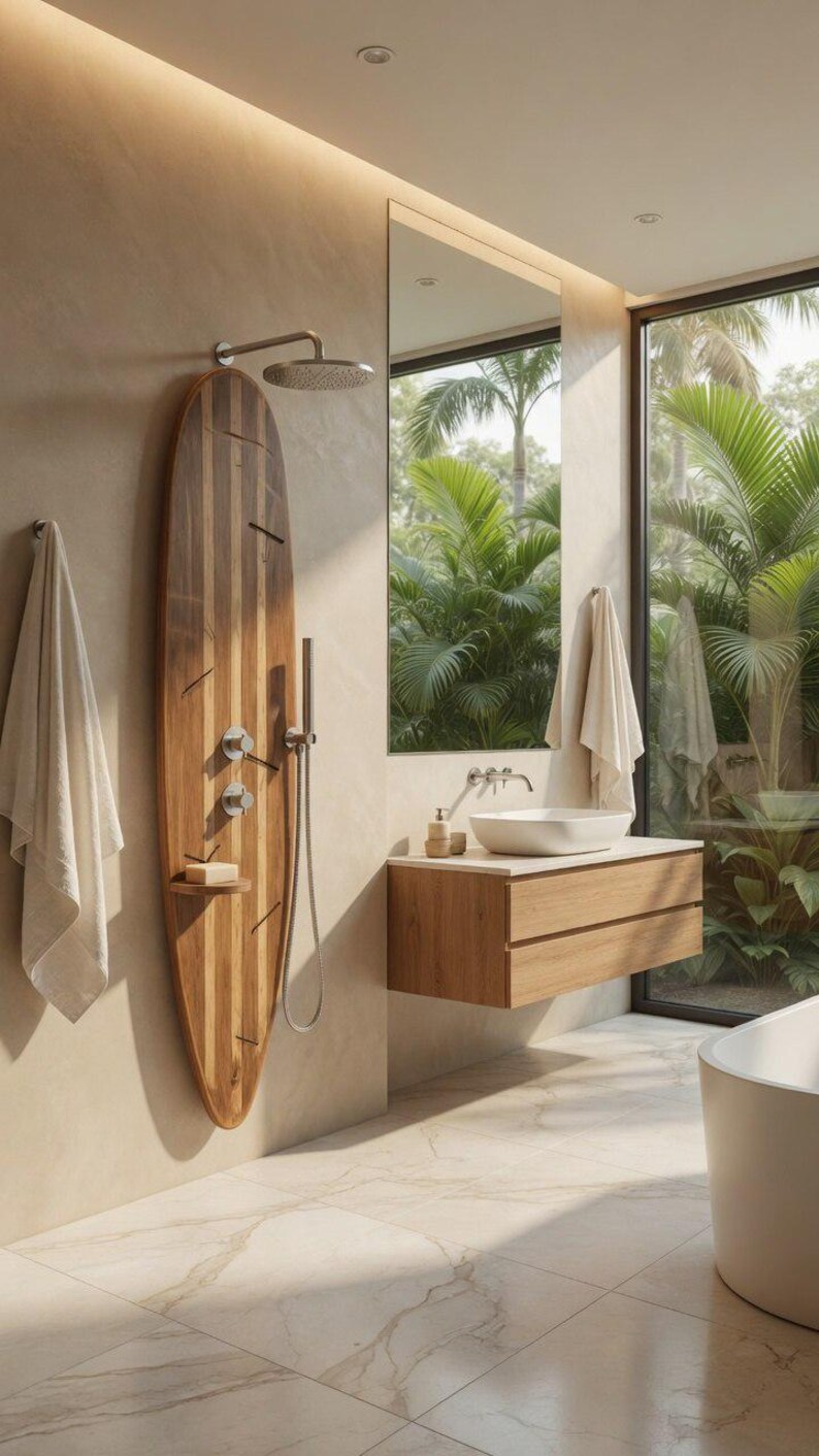 May include: A bathroom shower panel shaped like a surfboard made of vertical wood planks, featuring a round overhead shower head, a handheld shower wand, two circular control knobs, and a small integrated shelf holding a bar of soap.