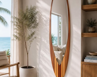 Surfboard Mirror – Wooden Coastal Wall Decor for Beach House Interior