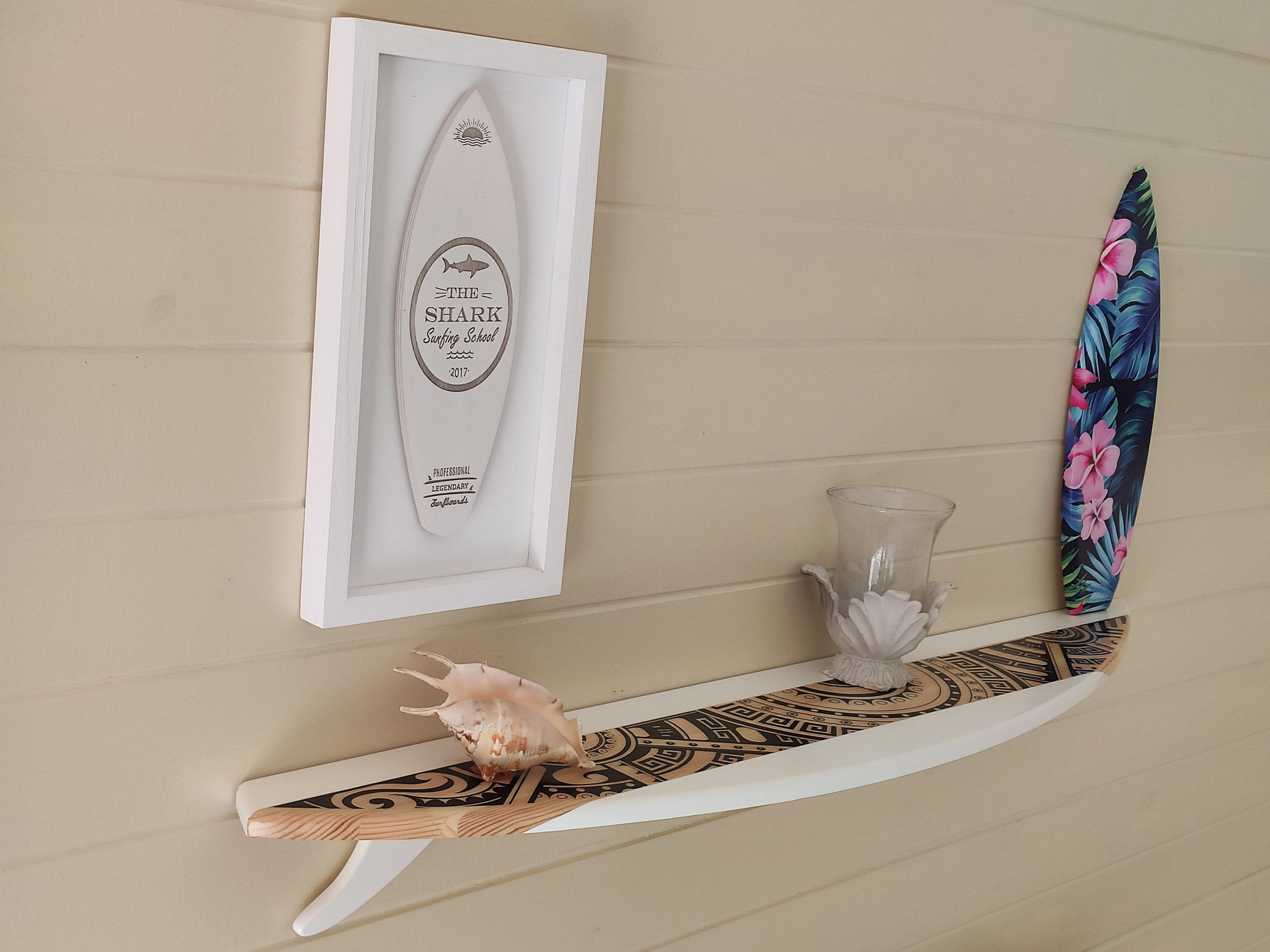 Surfing Board Inspired Floating Shelf White With Black Graphic