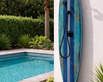 Surfboard Shower Panel, Weathered Turquoise Coastal Decor, Rustic Surf Art